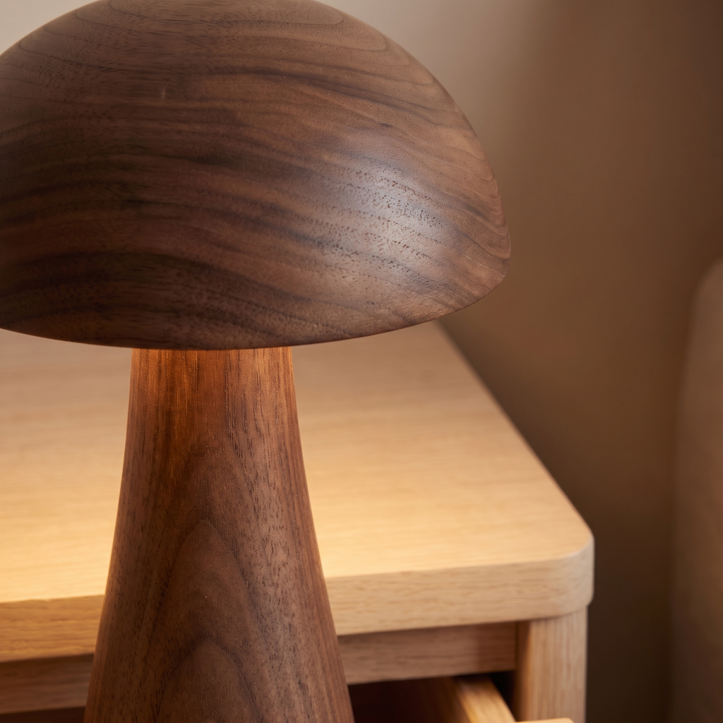Close detail of the walnut cap and beech stem showing the wood grain