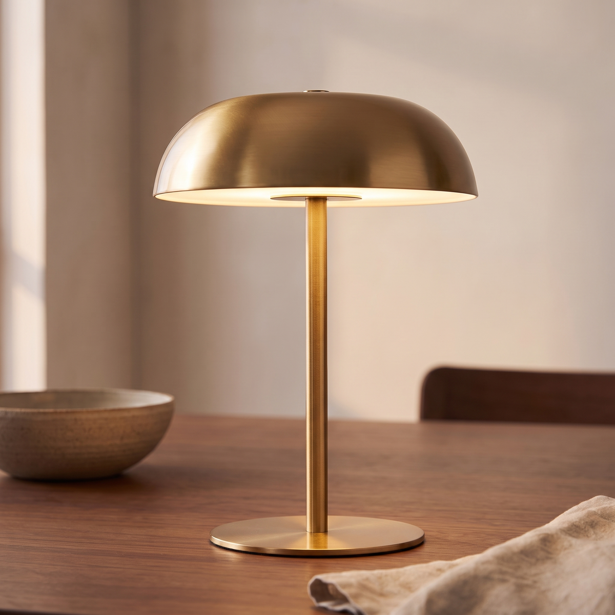 Close detail of the brushed gold dome and slim stem of the mushroom lamp