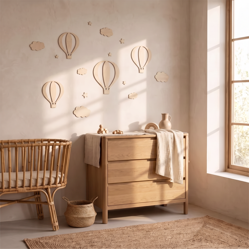 The balloon wall set in a lived in nursery with a muslin blanket and woven basket