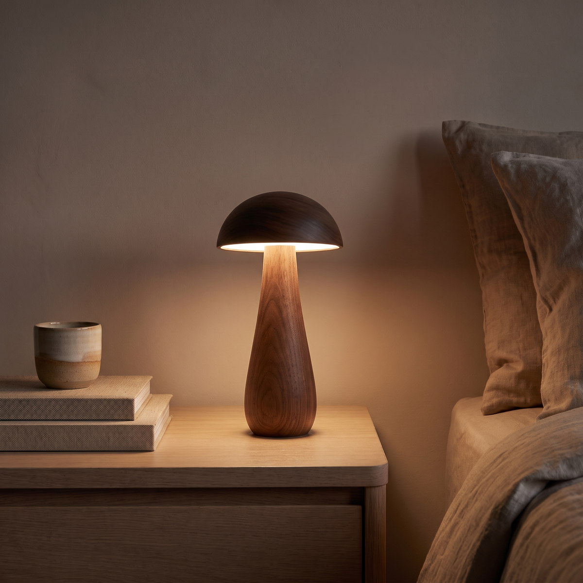The wooden mushroom night light lit at the bedside, casting a warm pool of light