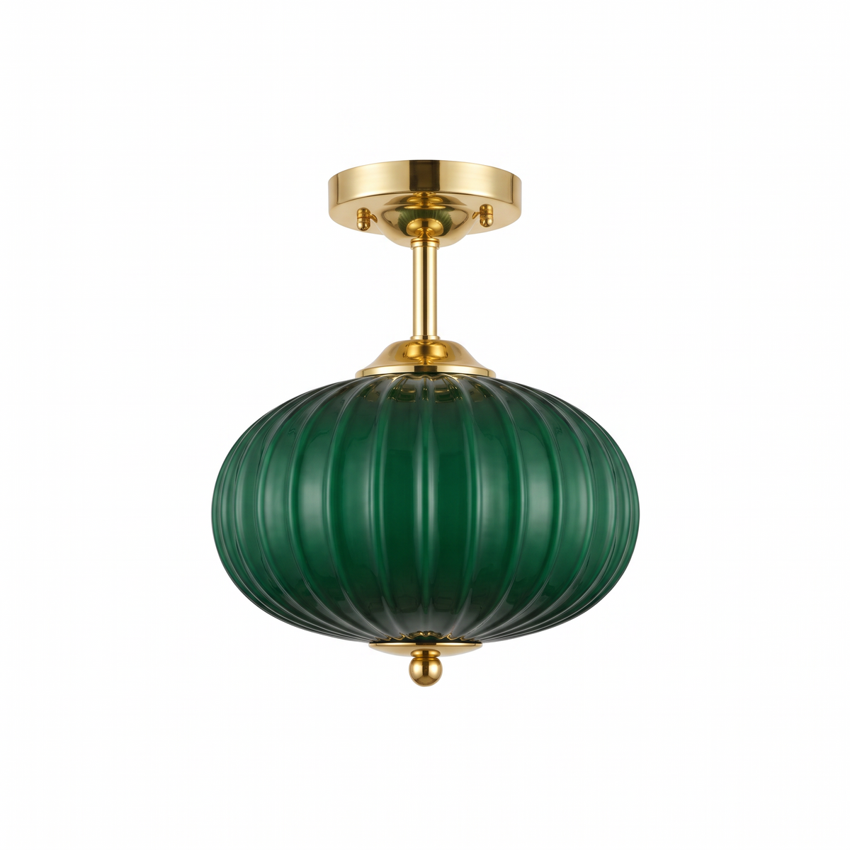Green glass semi flush ceiling light with gold canopy and finial on a white background