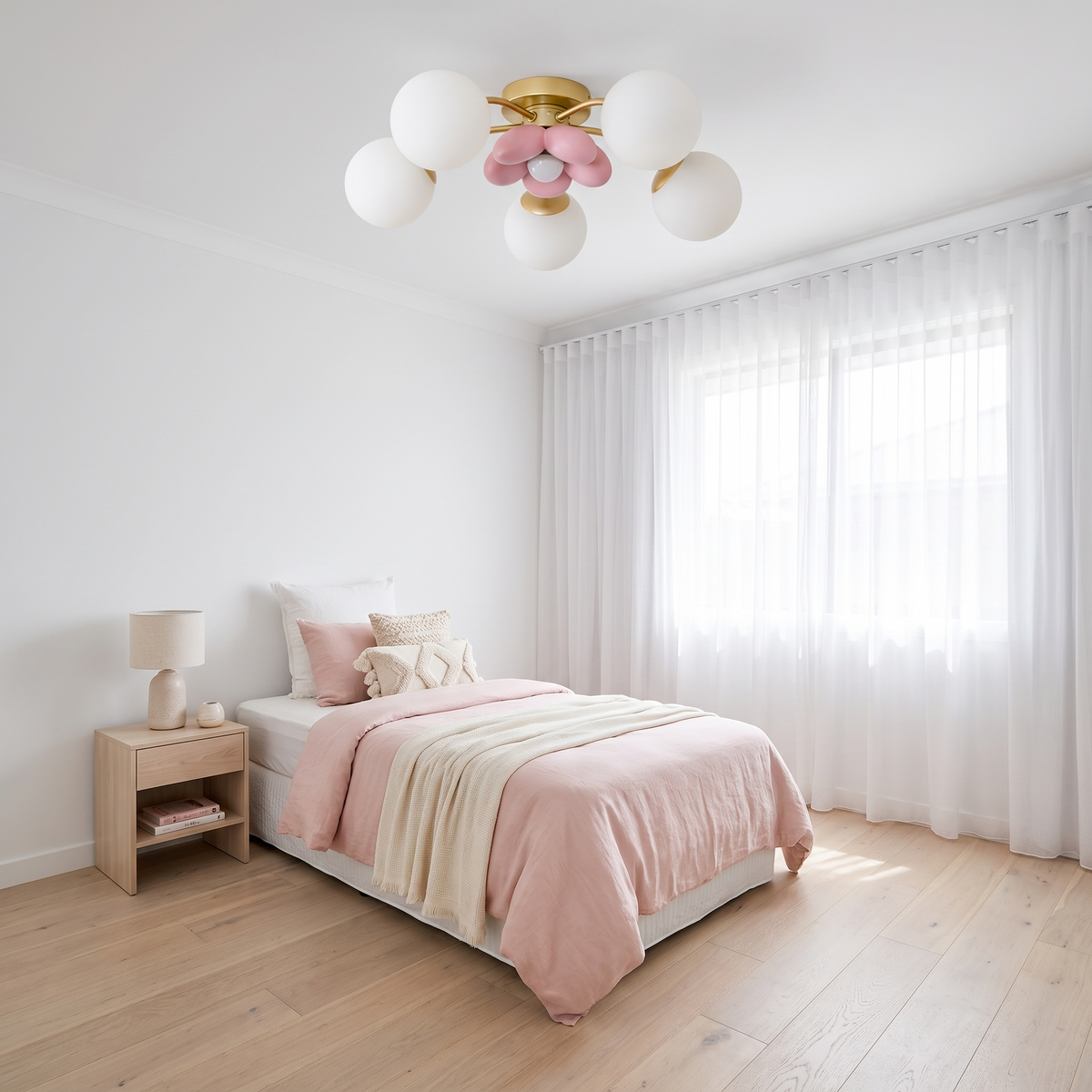 Fleurelle flush mount ceiling light fitted in a bright girls bedroom