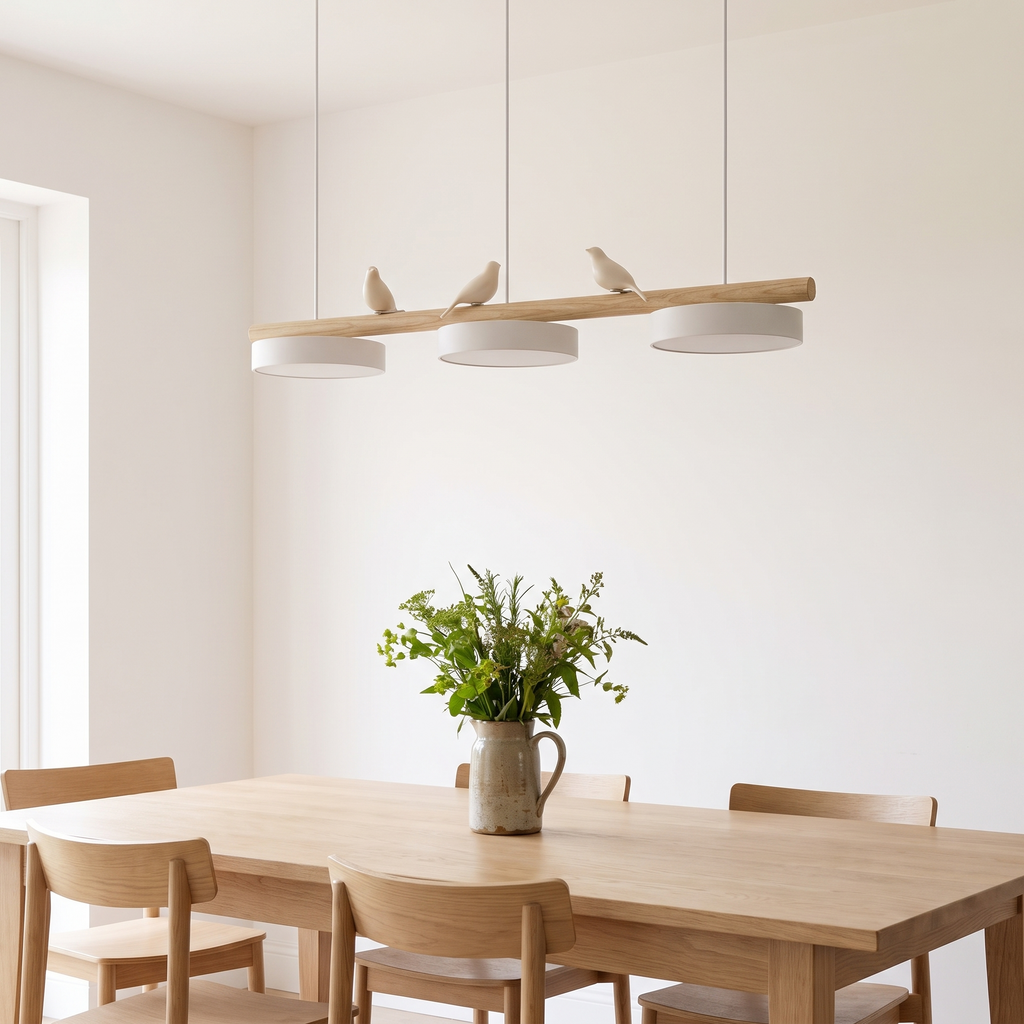 Birdsong linear pendant hanging above an oak dining table in a family kitchen diner