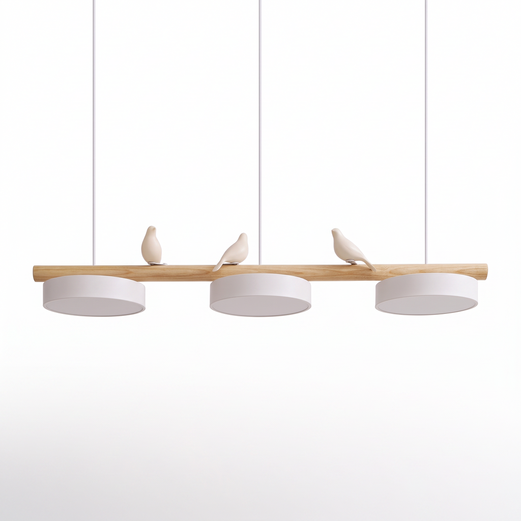 Birdsong resin bird linear pendant light with three disc shades on a white background