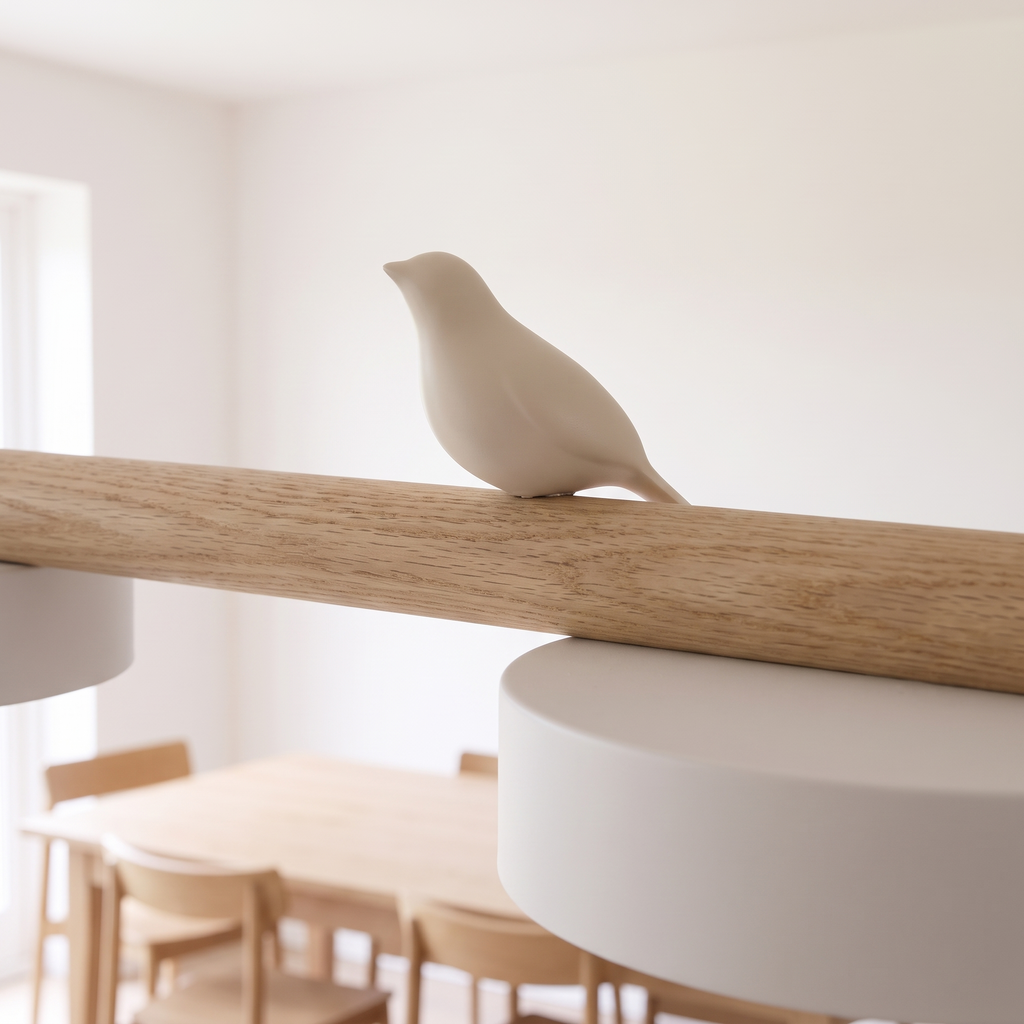Close detail of a moulded resin bird perched on the wooden bar above a disc shade
