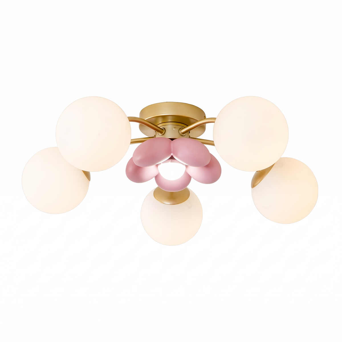 Fleurelle gold six head flush mount ceiling light with white globes and pink petal centre on a white background