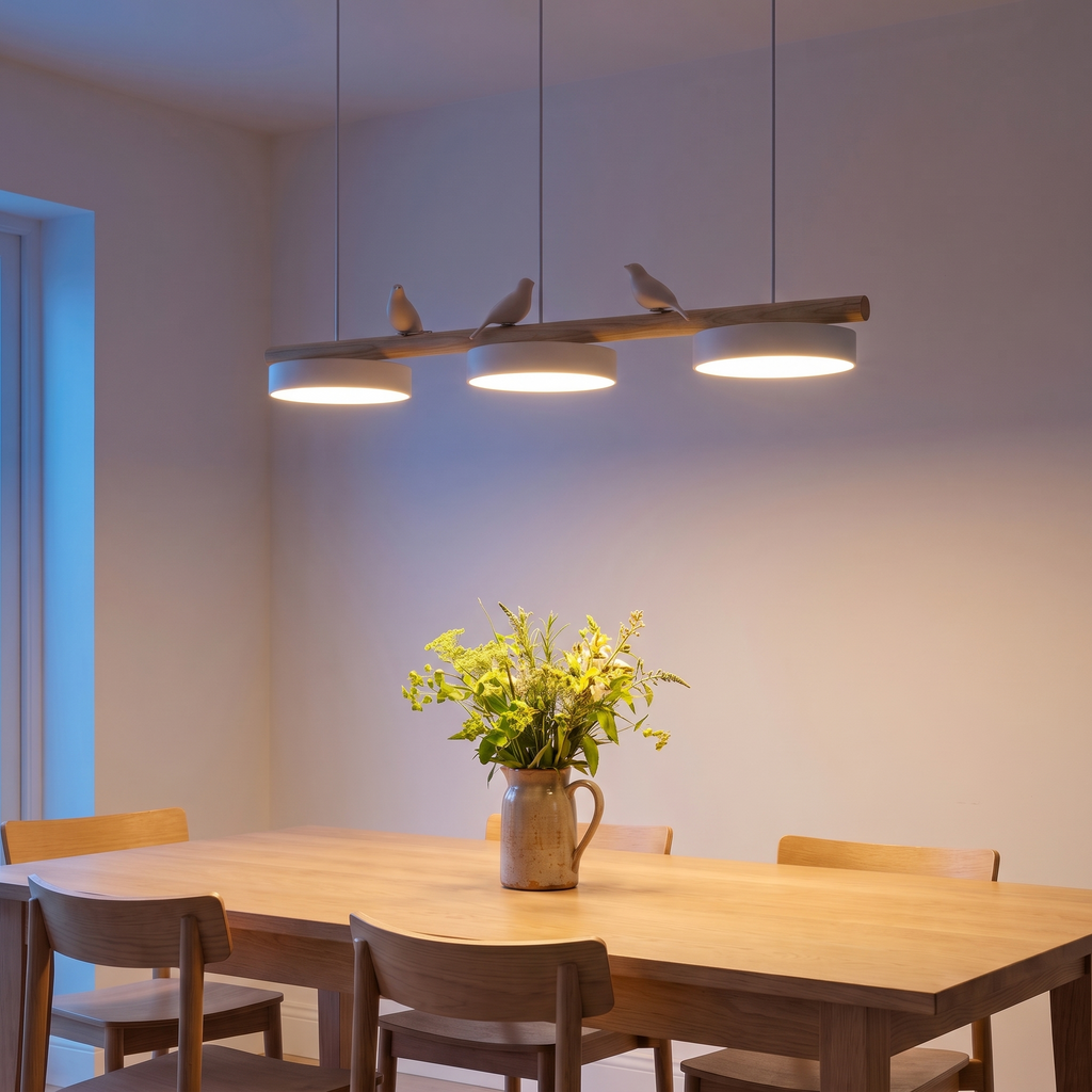 Birdsong linear pendant lit in the evening over a dining table