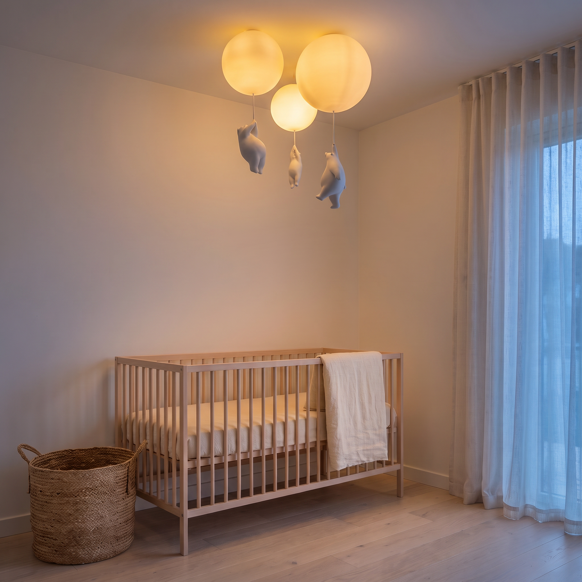 Bearlo cluster ceiling light lit in the evening above a nursery cot