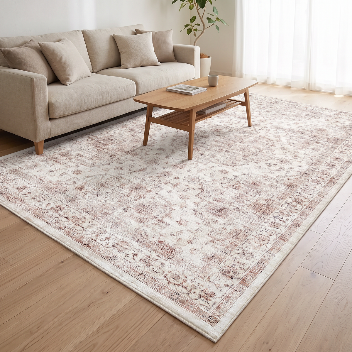 Savona vintage distressed floral rug in a living room under a coffee table