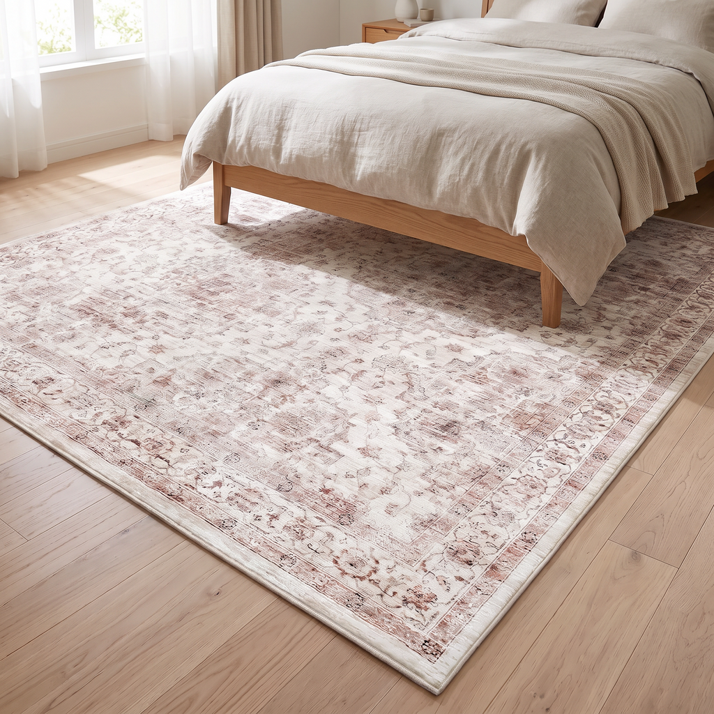Savona rug laid at the foot of an oak bed in a neutral bedroom