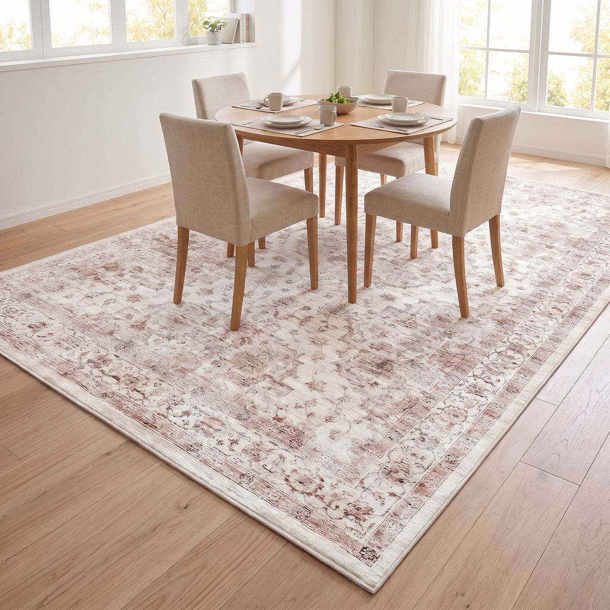 Savona rug under a round dining table with four chairs