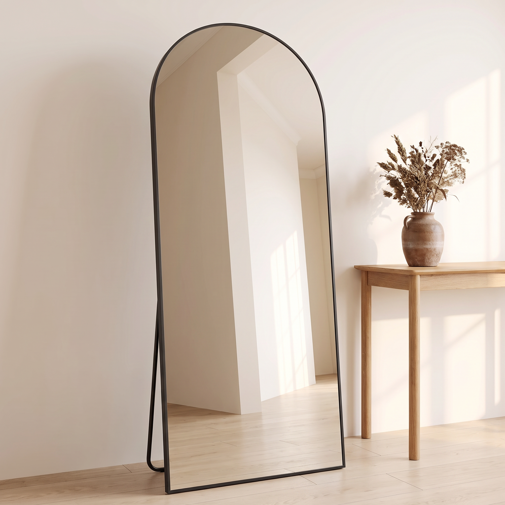 Belvedere mirror leaning in a hallway beside an oak console
