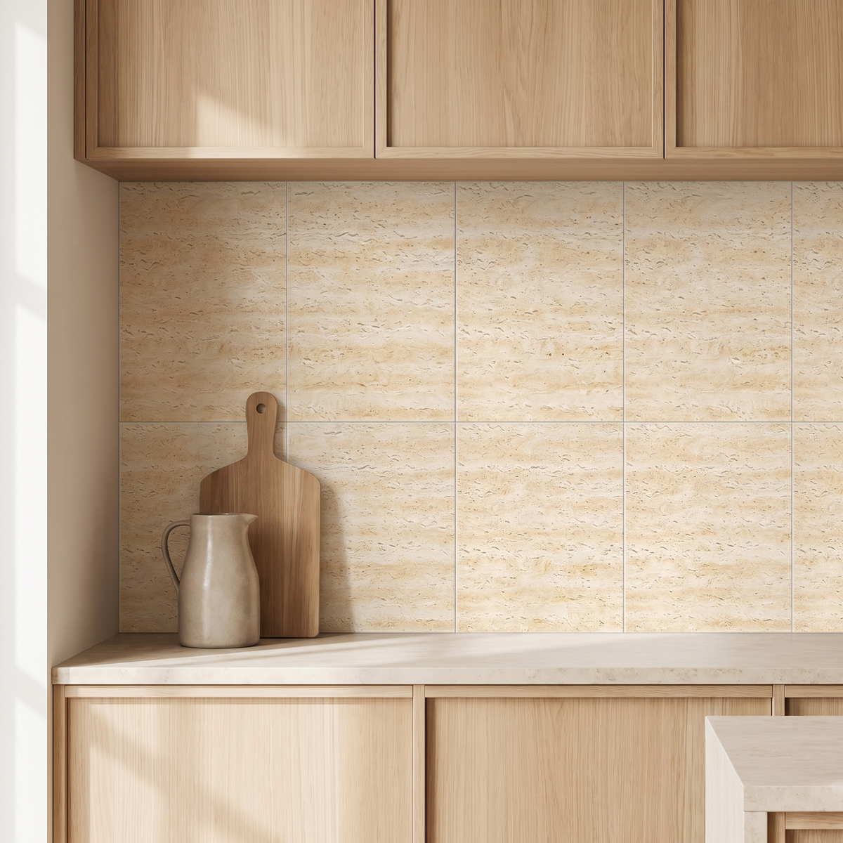 Tivoli travertine effect tiles used as a kitchen splashback