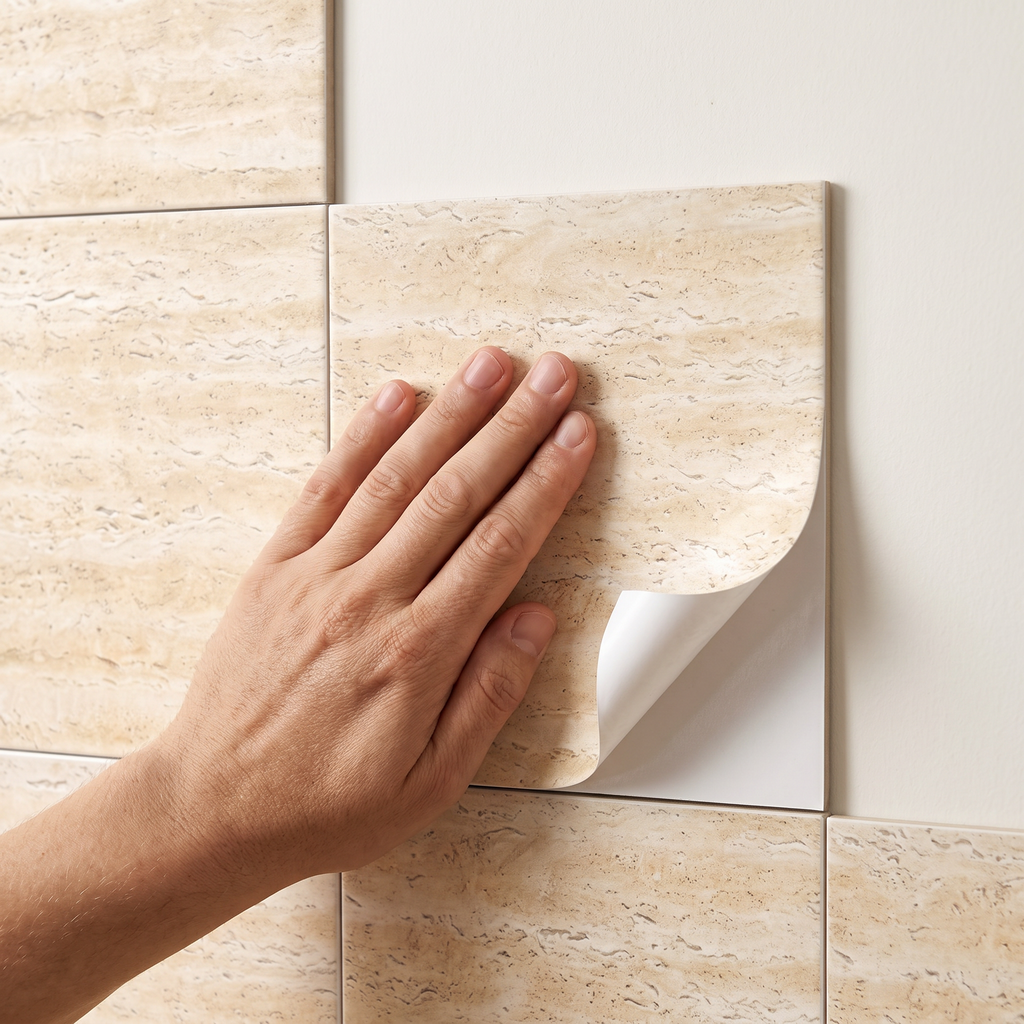Pressing a Tivoli tile onto the wall with the backing peeled away