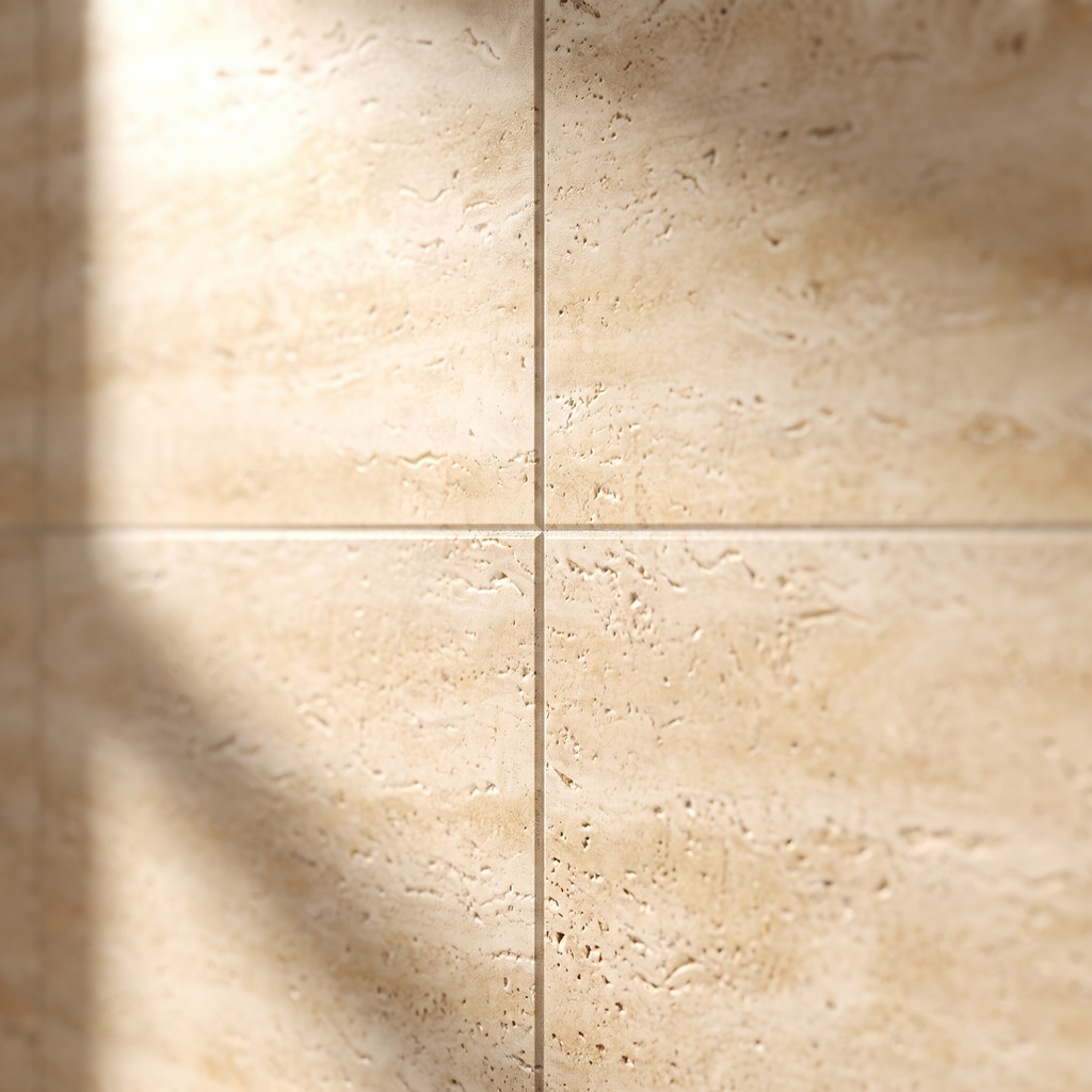 Close detail of the travertine effect texture and tile join