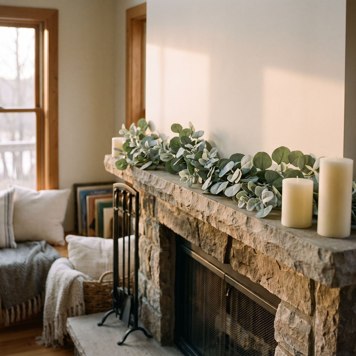 Eucalyptus garland laid along a stone mantelpiece with candles