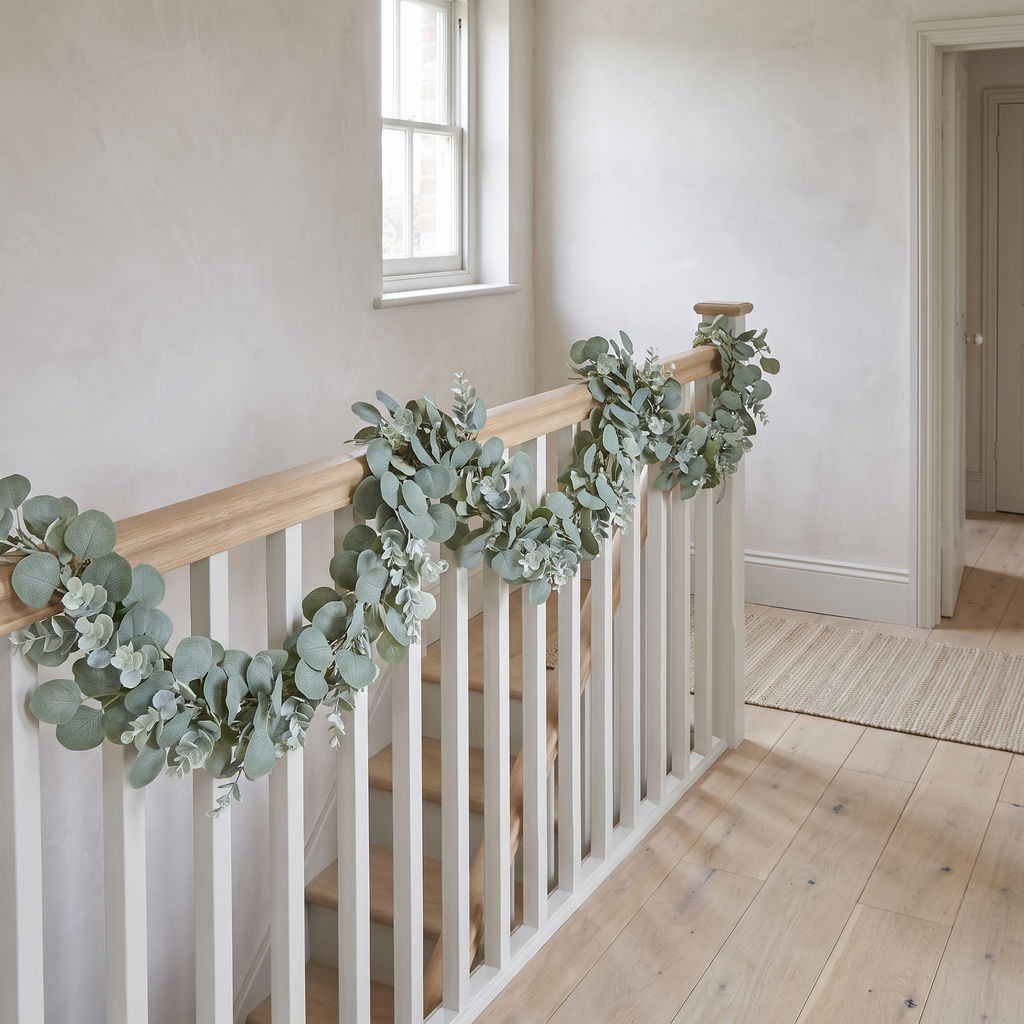 Eucalyptus garland draped along a pale oak staircase bannister